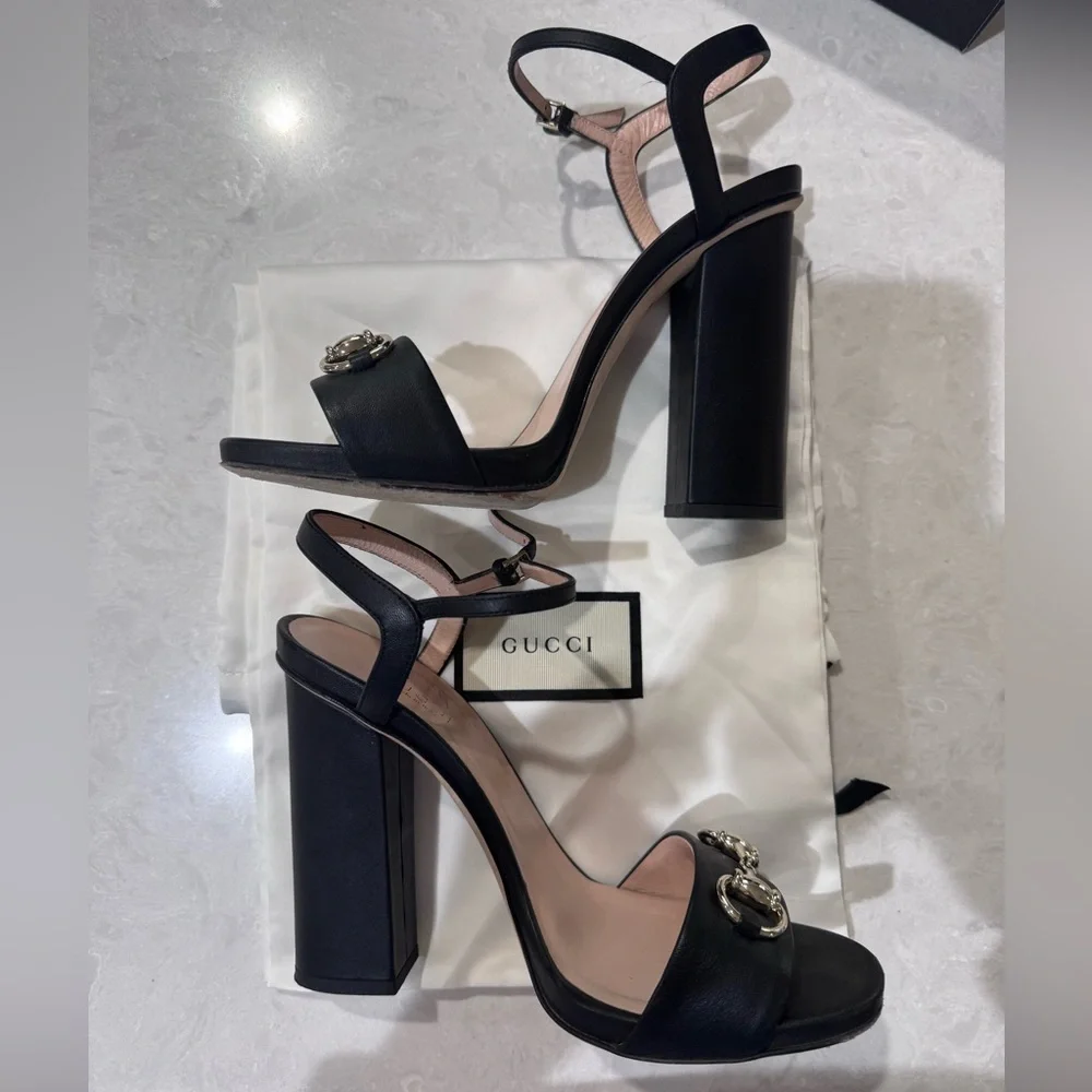 Gucci Horsebit Leather Block Heel Sandals 37.5 - Picture 4 of 10